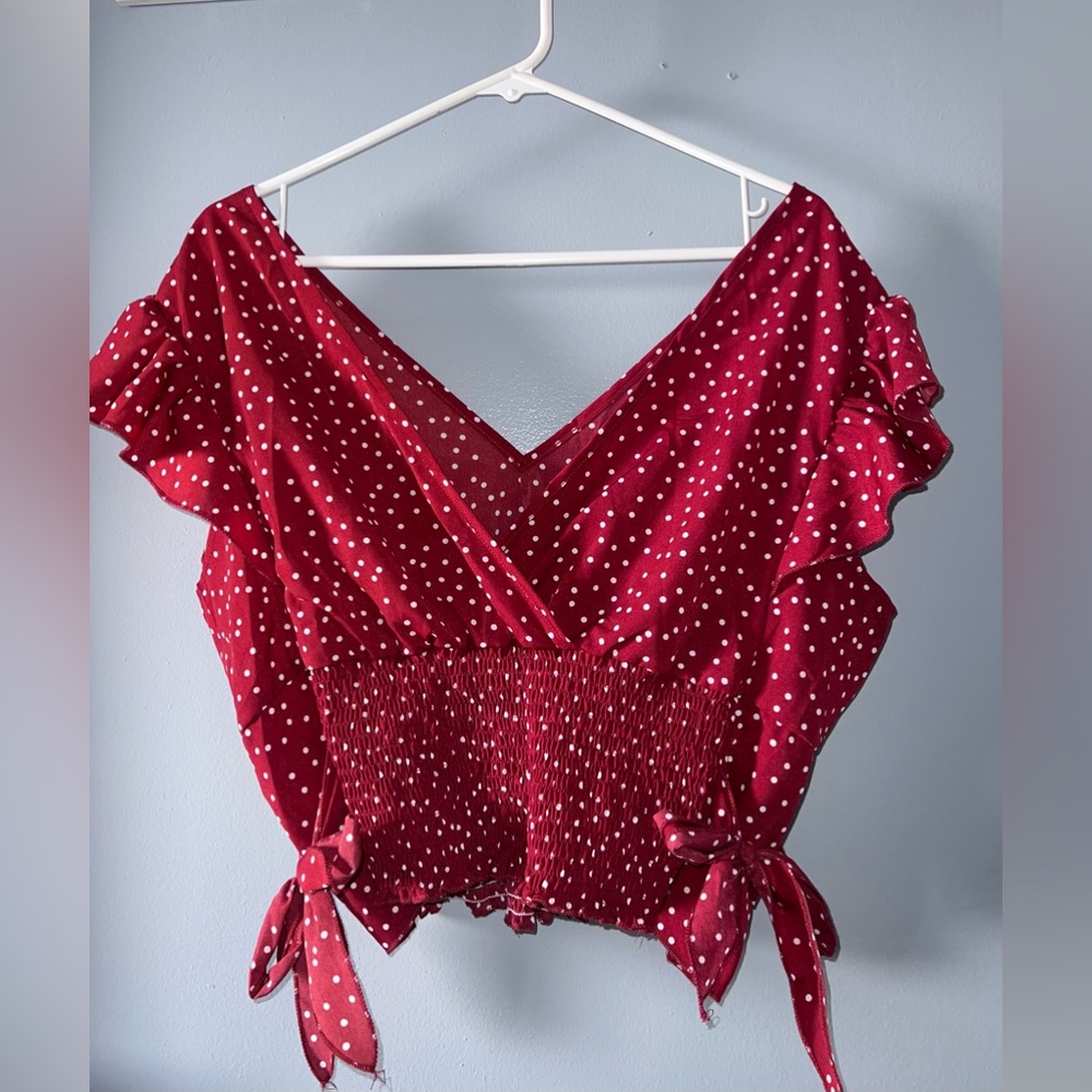 Ruffle Trim Knot Side Polka Dot Cropped Blouse